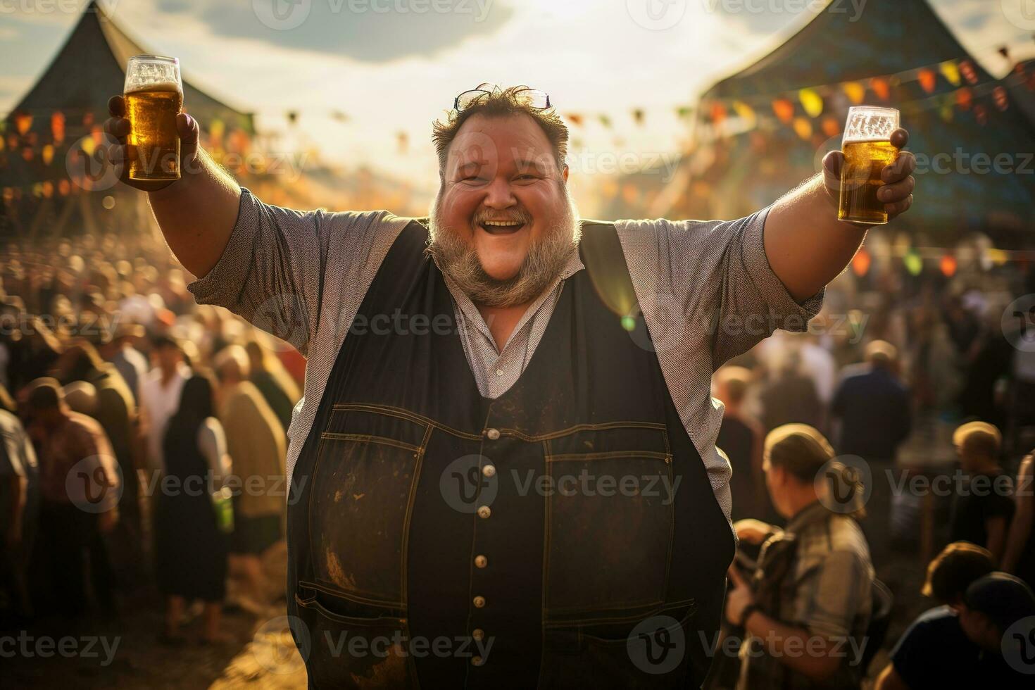 glücklich Fett Kerl mit zwei Tassen von Bier auf ein Bier Festival, generativ ai foto