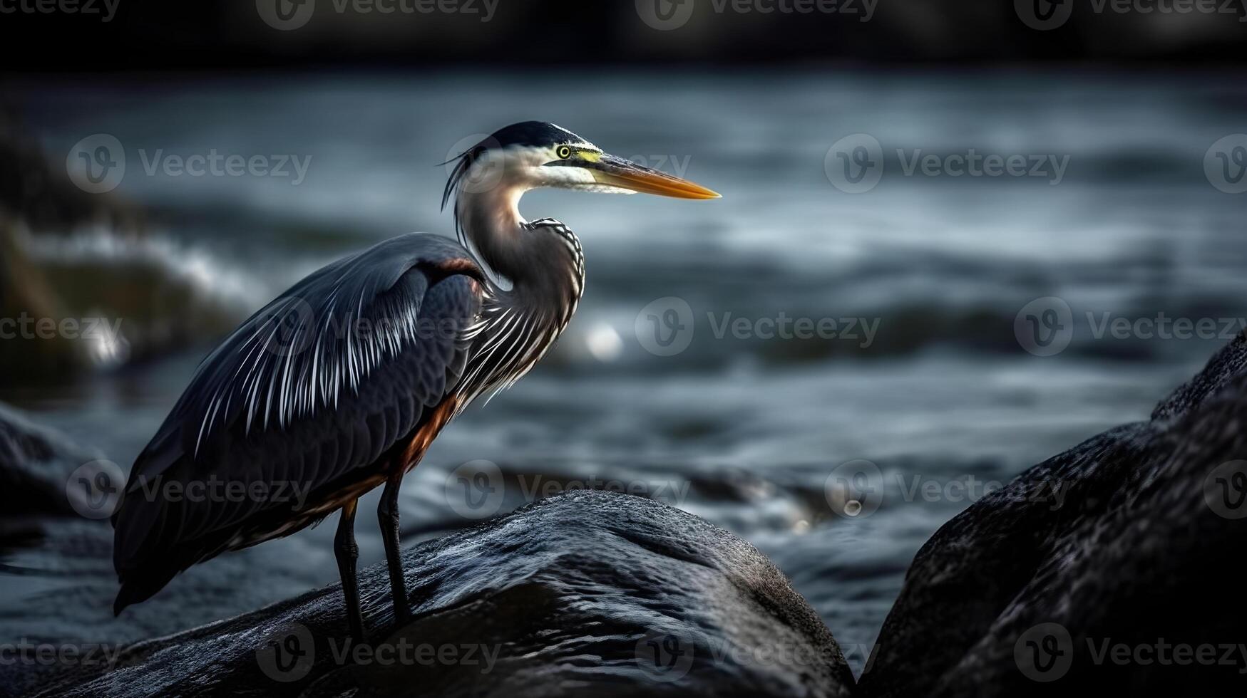 großartig Blau Reiher Stehen beim das Fluss zu Fang Fisch. ai generiert. foto