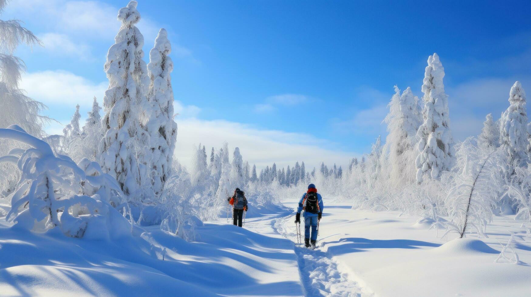 Schneeschuhwandern. friedlich Spaziergänge durch schneebedeckt Landschaften foto