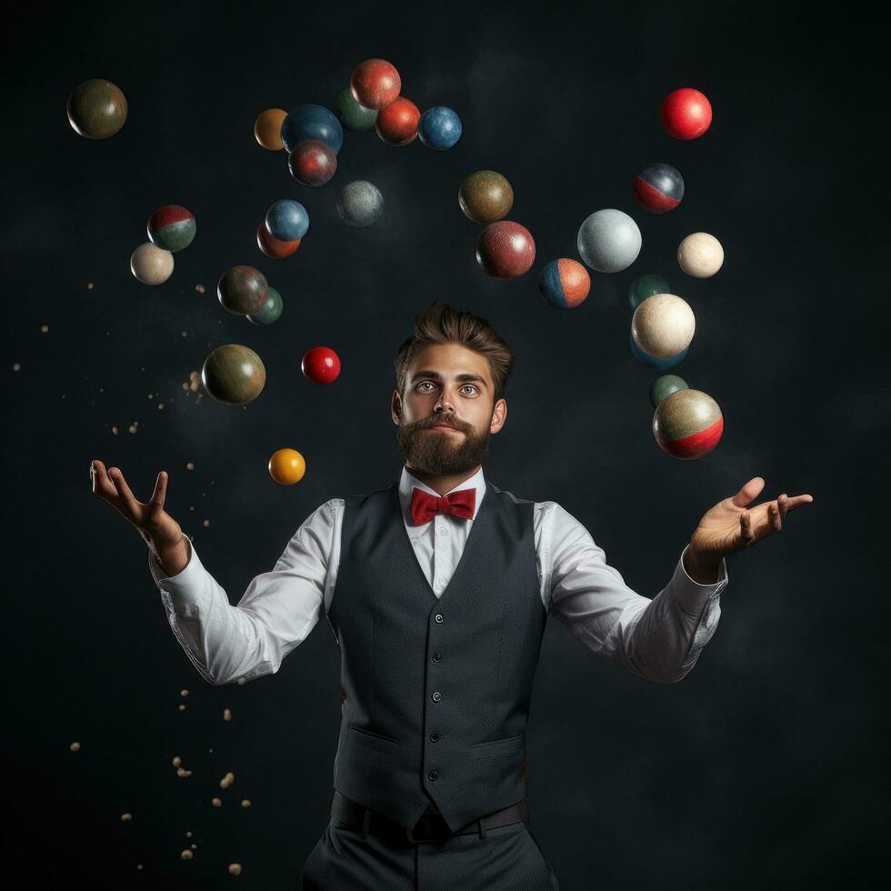 Jongleur. Multitasking Meister behalten Bälle im das Luft foto