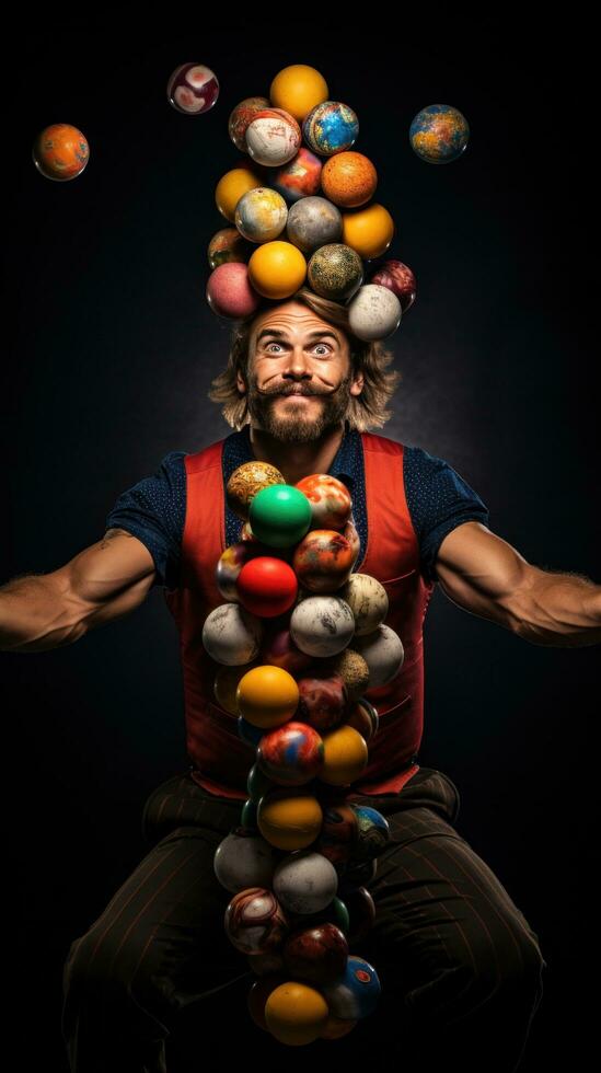 Jongleur. Multitasking Meister behalten Bälle im das Luft foto