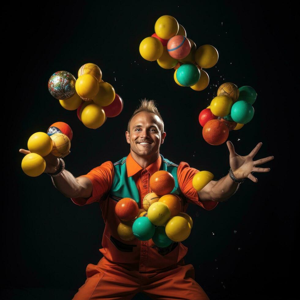 Jongleur. Multitasking Meister behalten Bälle im das Luft foto