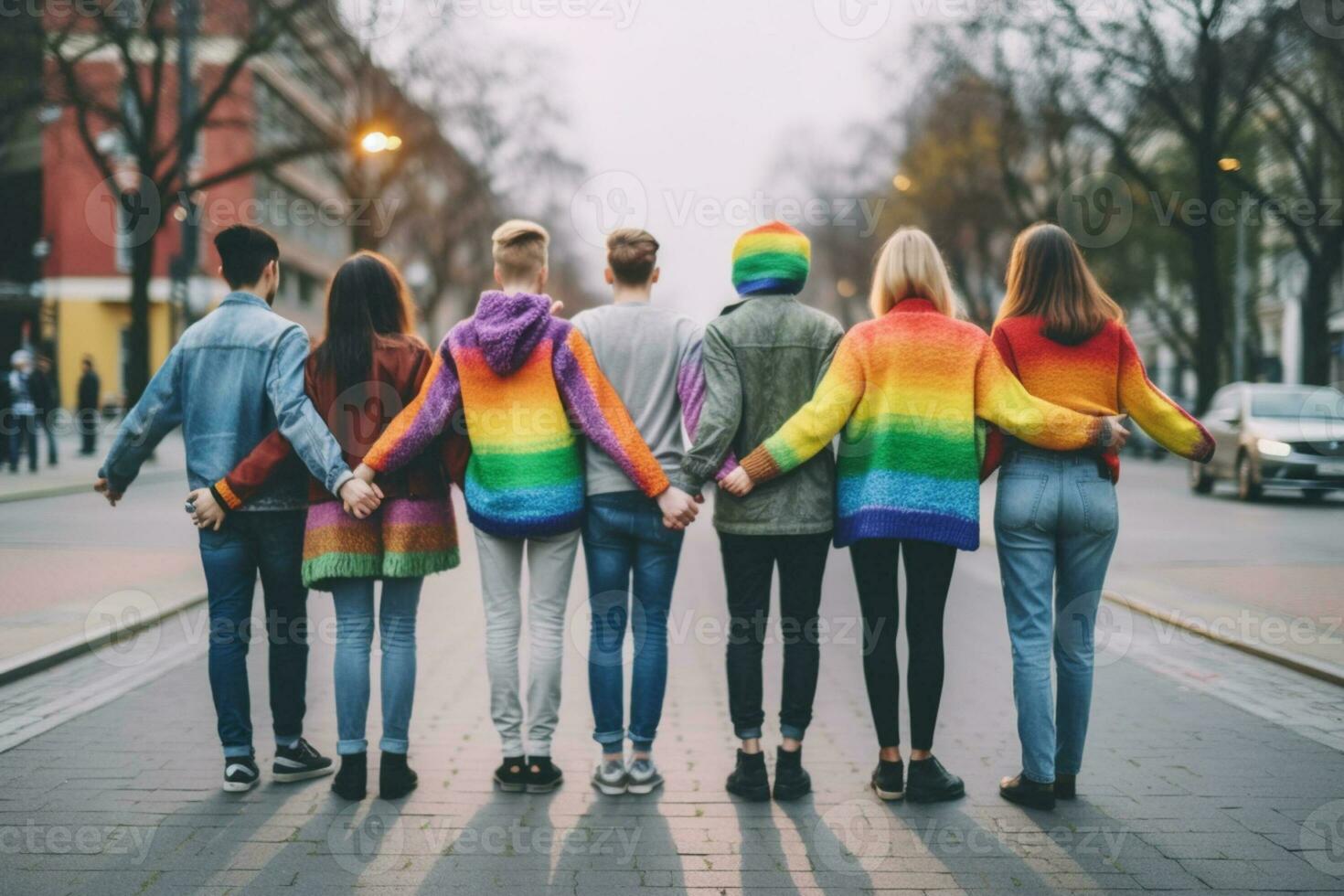 Rückseite Aussicht auf echt vielfältig Menschen Gehen von hinter mit Regenbogen Flaggen und Luftballons beim Stolz Parade März im das Straße. Flagge wie Symbol von lgbt Gemeinschaft generativ ai foto