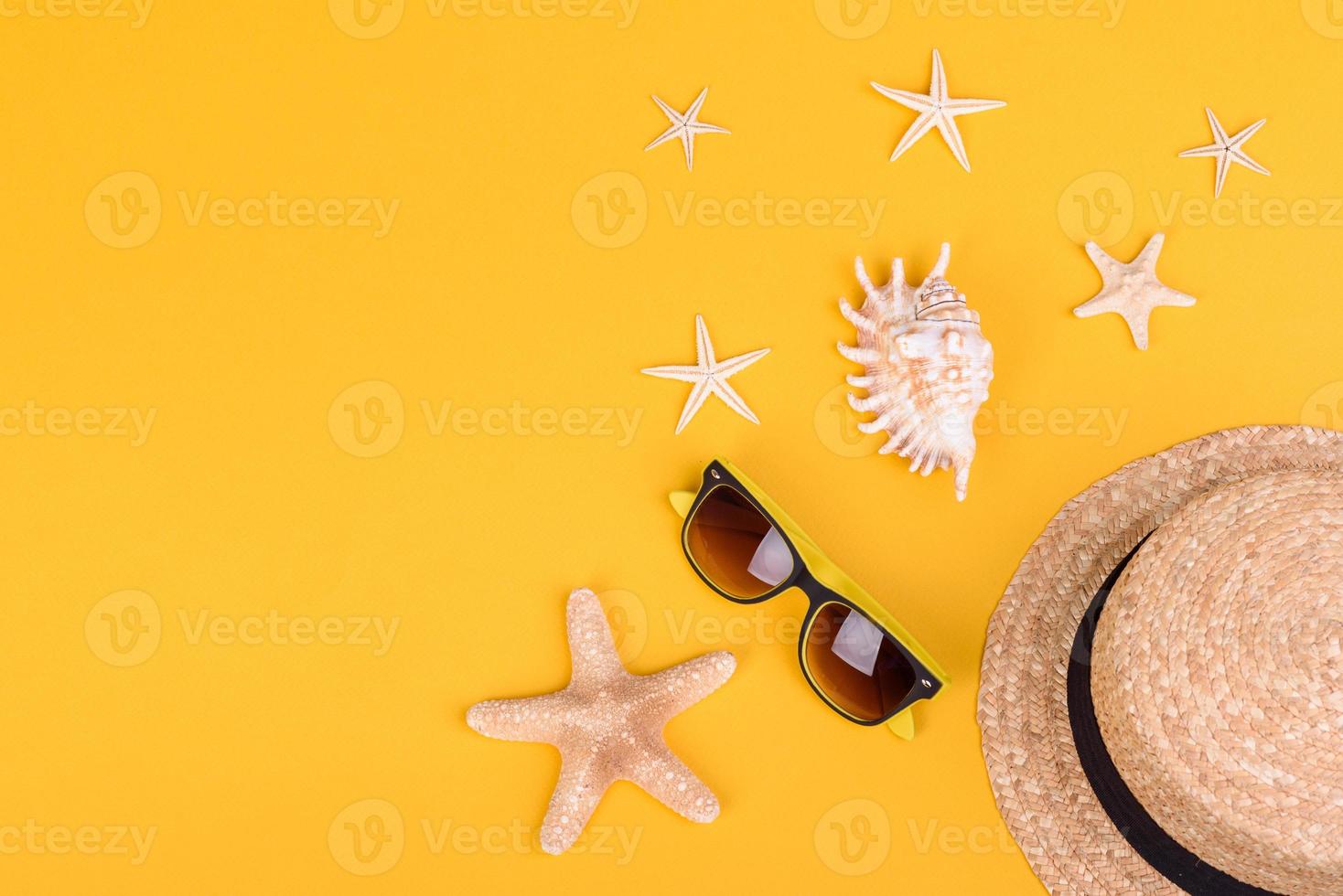 Brille und Hut mit Muscheln und Seesternen auf farbigem Hintergrund foto