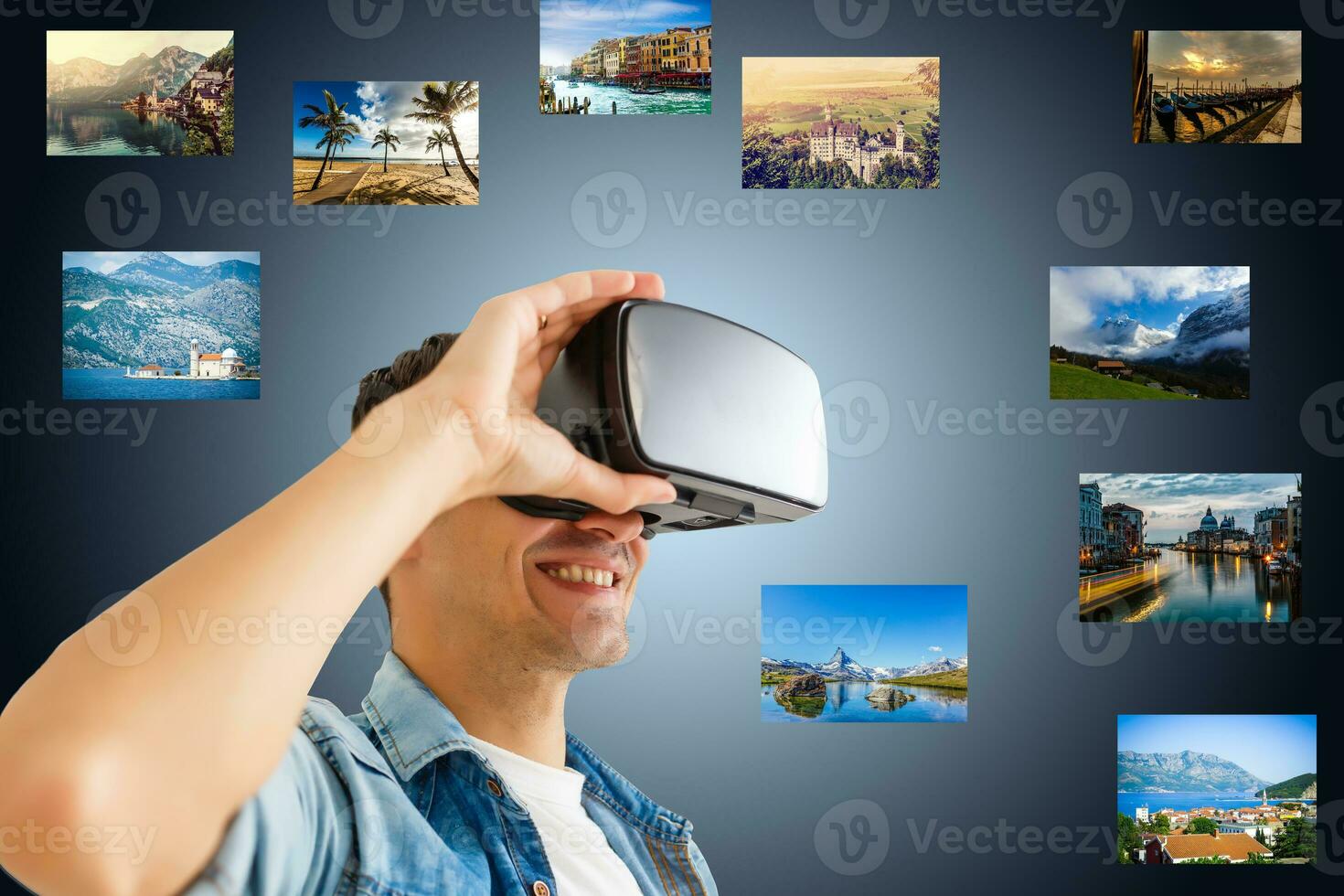 Mann Reisen tragen futuristisch virtuell Wirklichkeit Brille foto