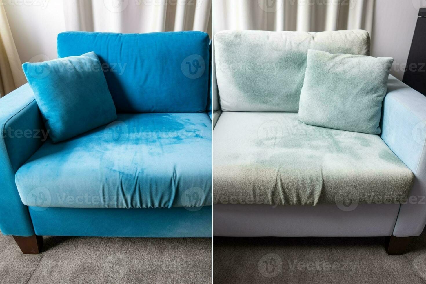 Sofa Vor und nach chemische Reinigung im Zimmer generativ ai foto