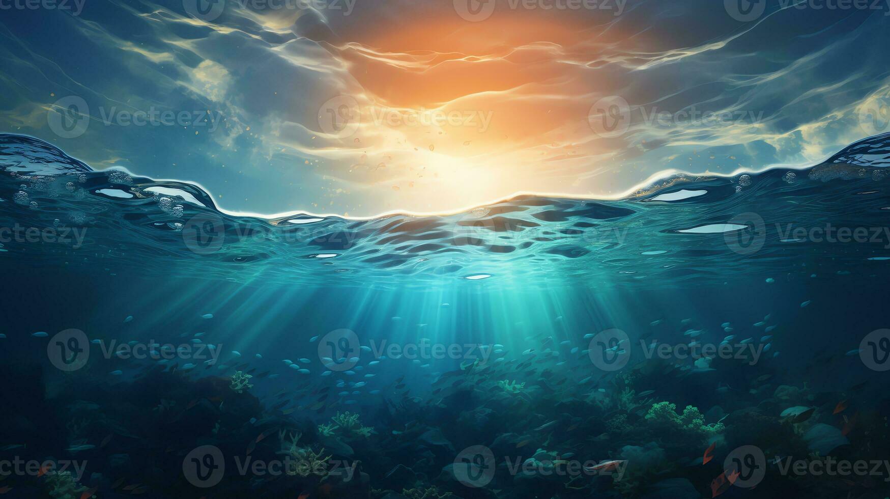 unter Wasser Szene mit Luftblasen Szene mit Sonne Strahlen generieren ai foto