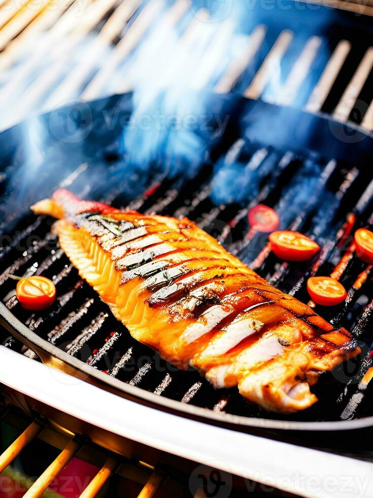 gegrillt Lachs Steak auf das Grill mit Flammen im das Hintergrund. generativ ai. foto