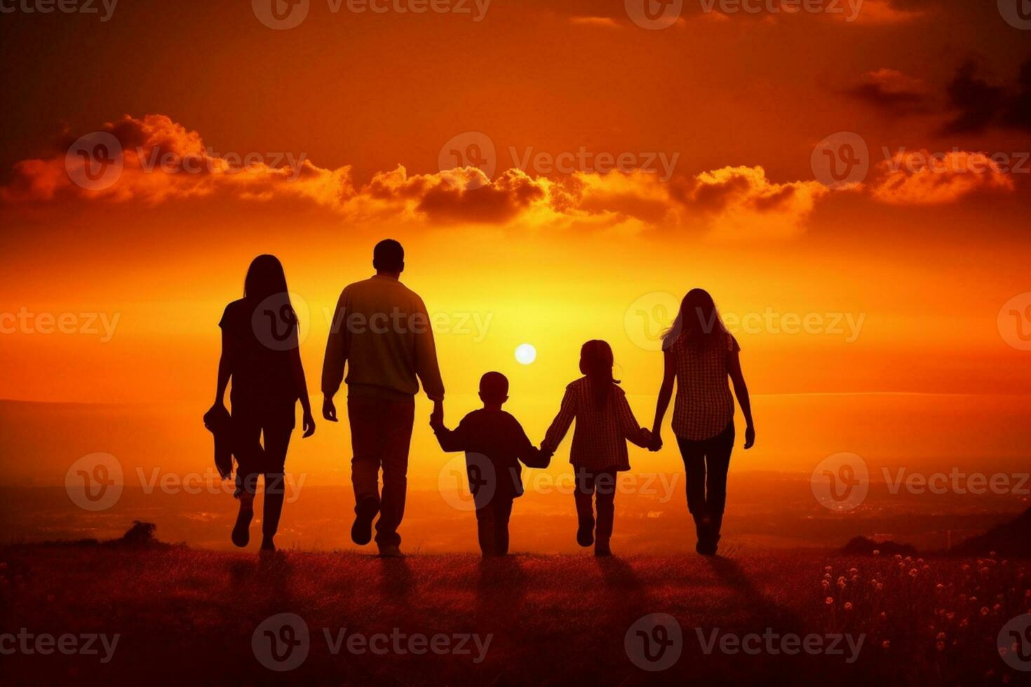 Silhouette von ein glücklich Familie mit Kinder auf Natur generativ ai foto