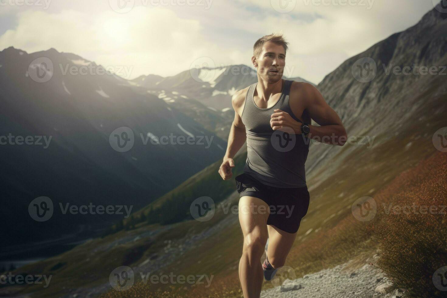 Mann Athlet Berg laufen. generieren ai foto
