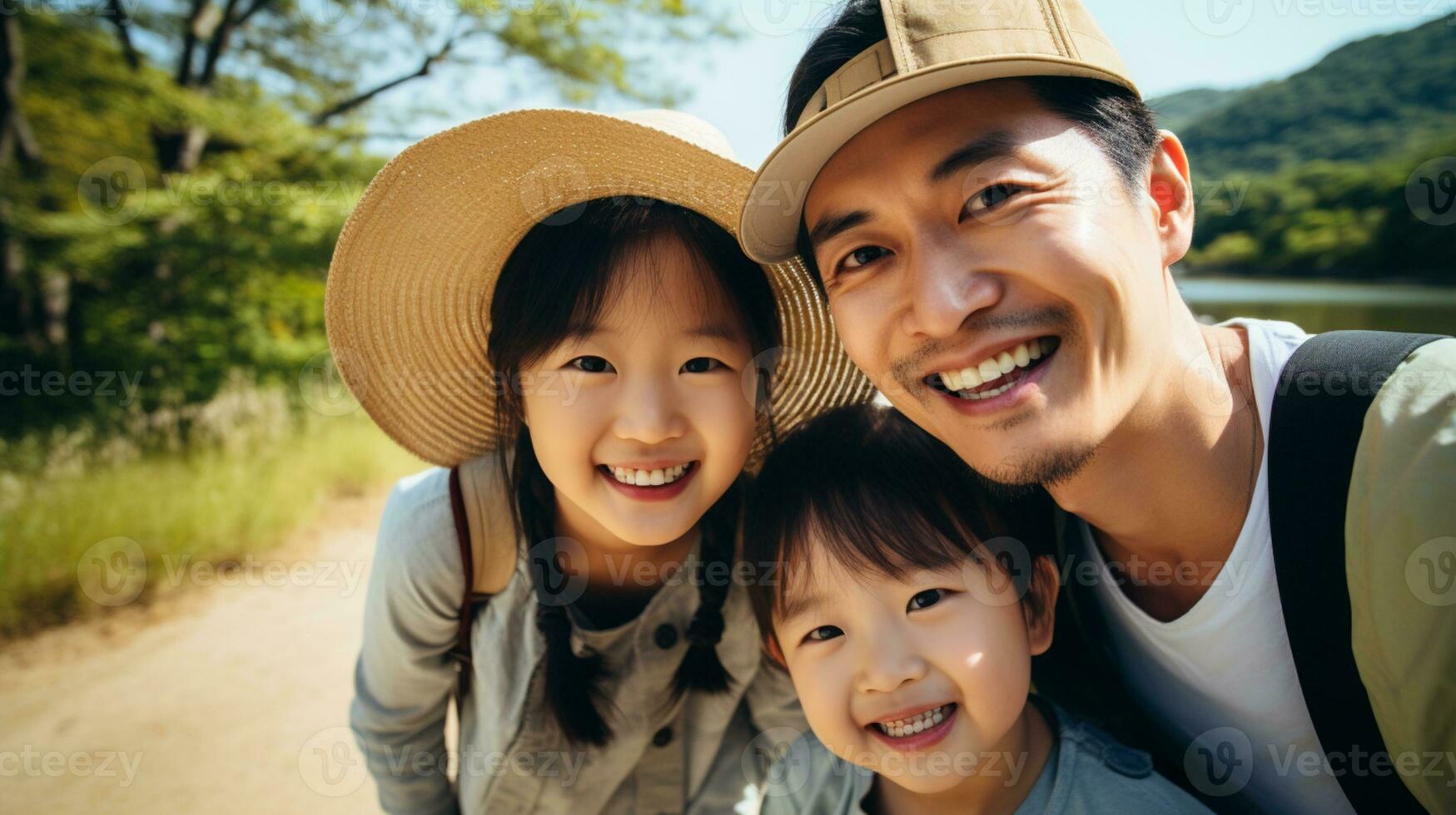 ein japanisch familiär nehmen ein Selfie ai generativ foto