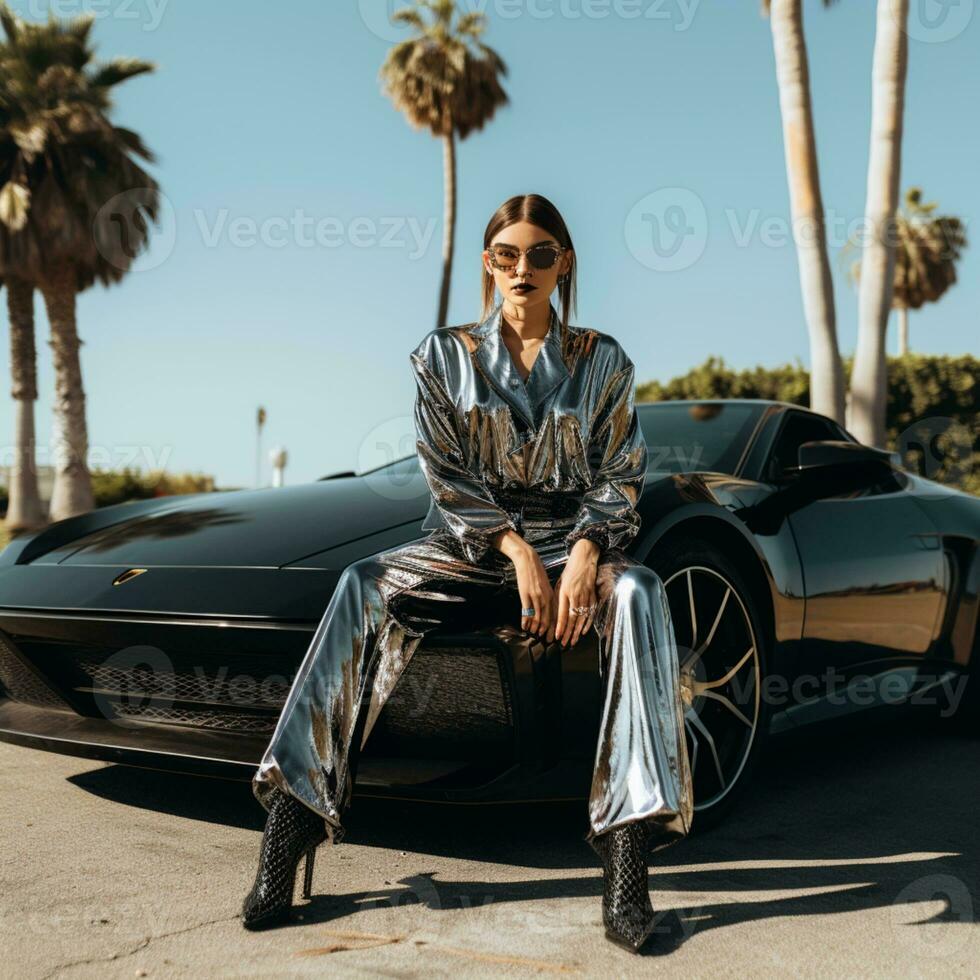 ein attraktiv Modell- mit Lamborghini Auto ai generativ foto