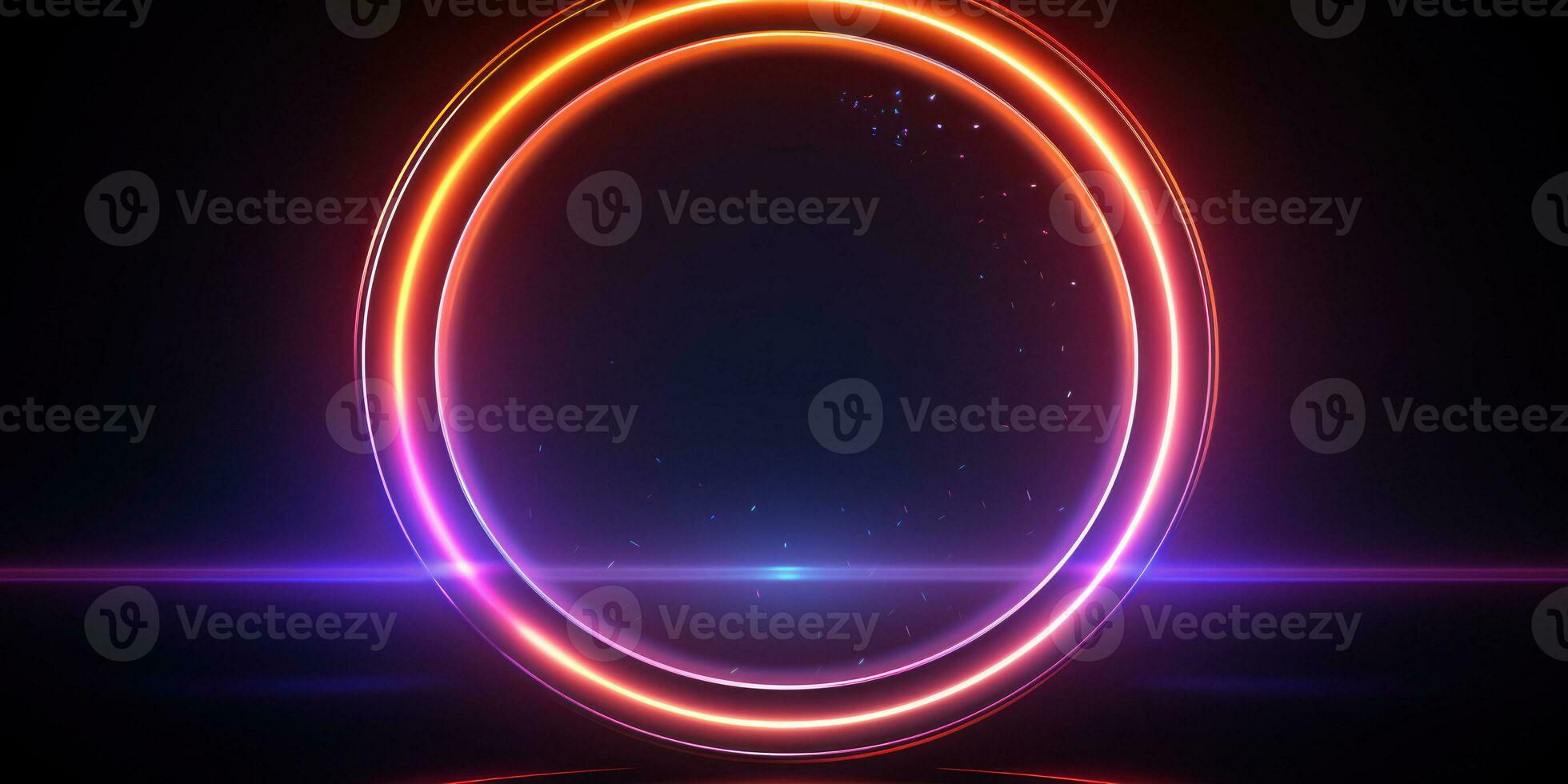 Neon- futuristisch blitzt Kreise auf schwarz Hintergrund. erstellt mit ai foto