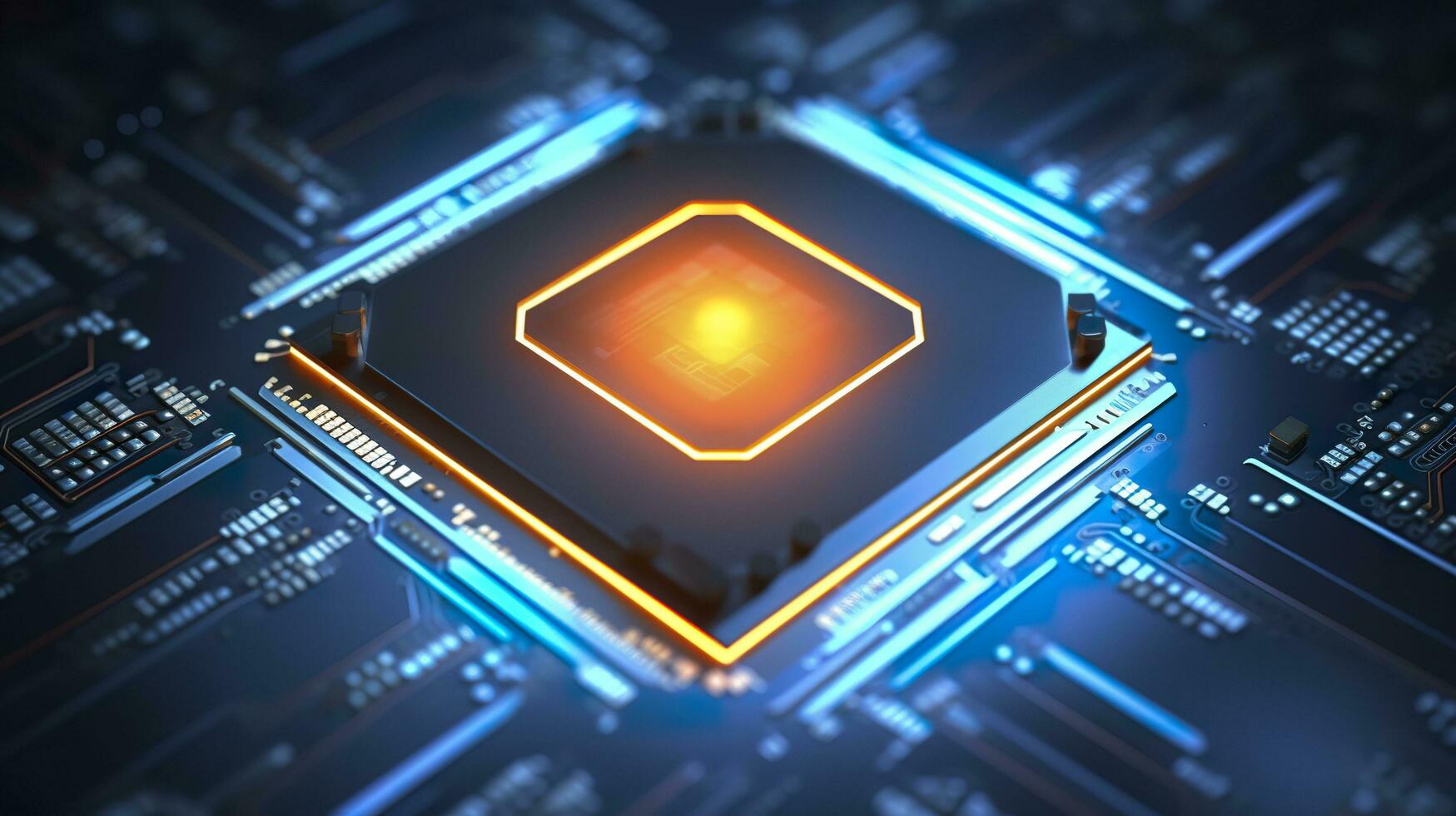 oben Aussicht von ein Chip mit glühend Licht und Nebel im Orange und Blau. ai generativ foto