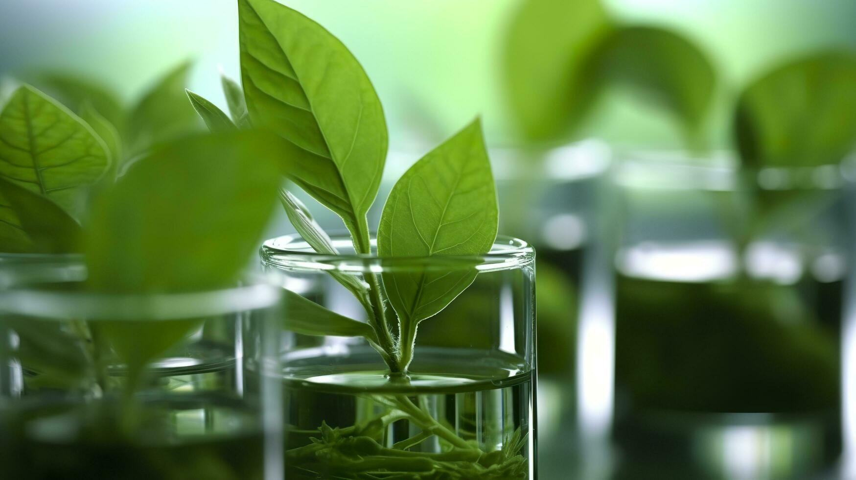 Biotechnologie Konzept mit Grün Pflanze Blätter, Labor Glaswaren, und Dirigieren Forschung, illustrieren das mächtig Kombination von Natur und Wissenschaft im medizinisch Fortschritte. ai generativ foto