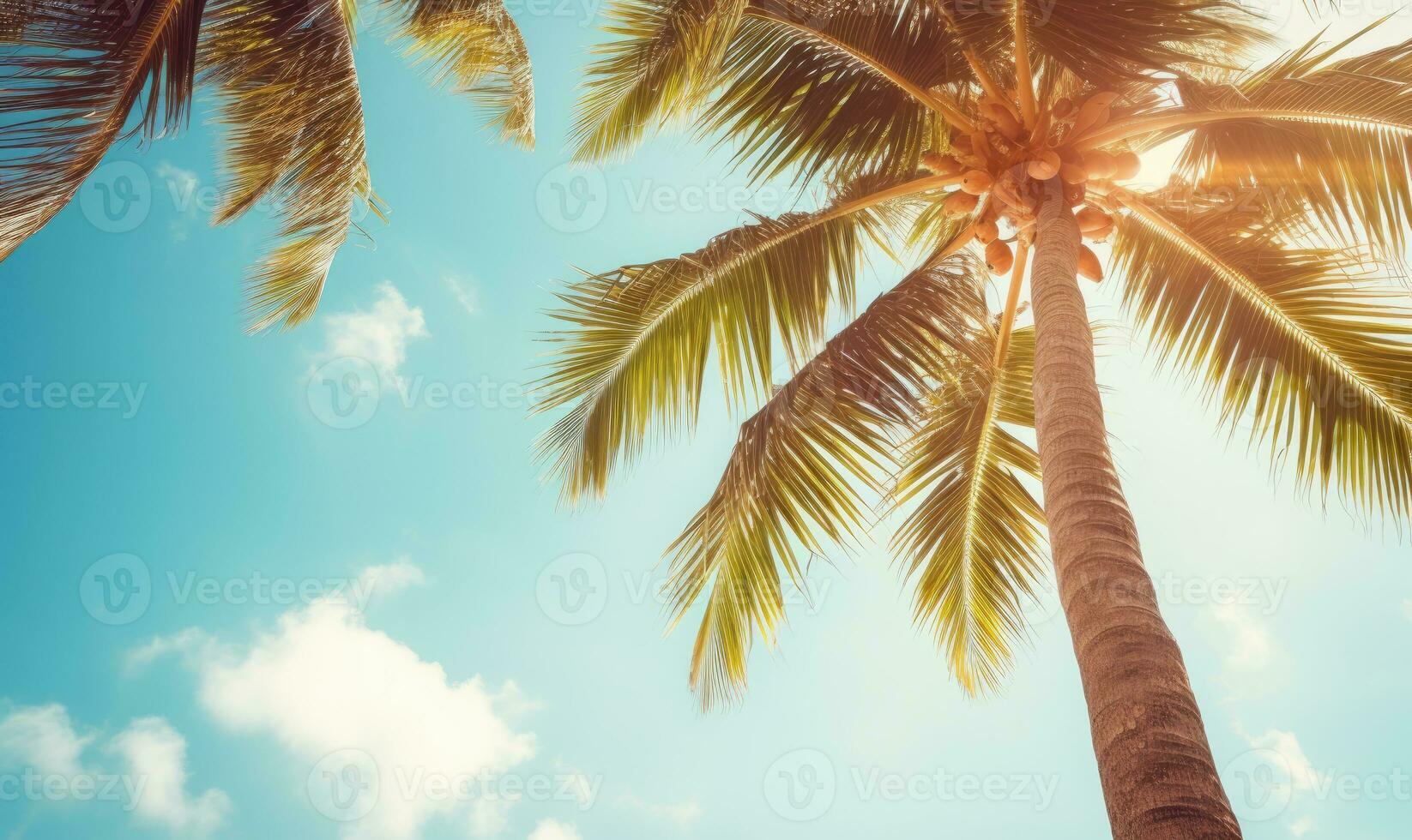 tropisch Landschaft mit ein prominent Palme Baum unter ein riesig Blau Weite. erstellt mit ai foto