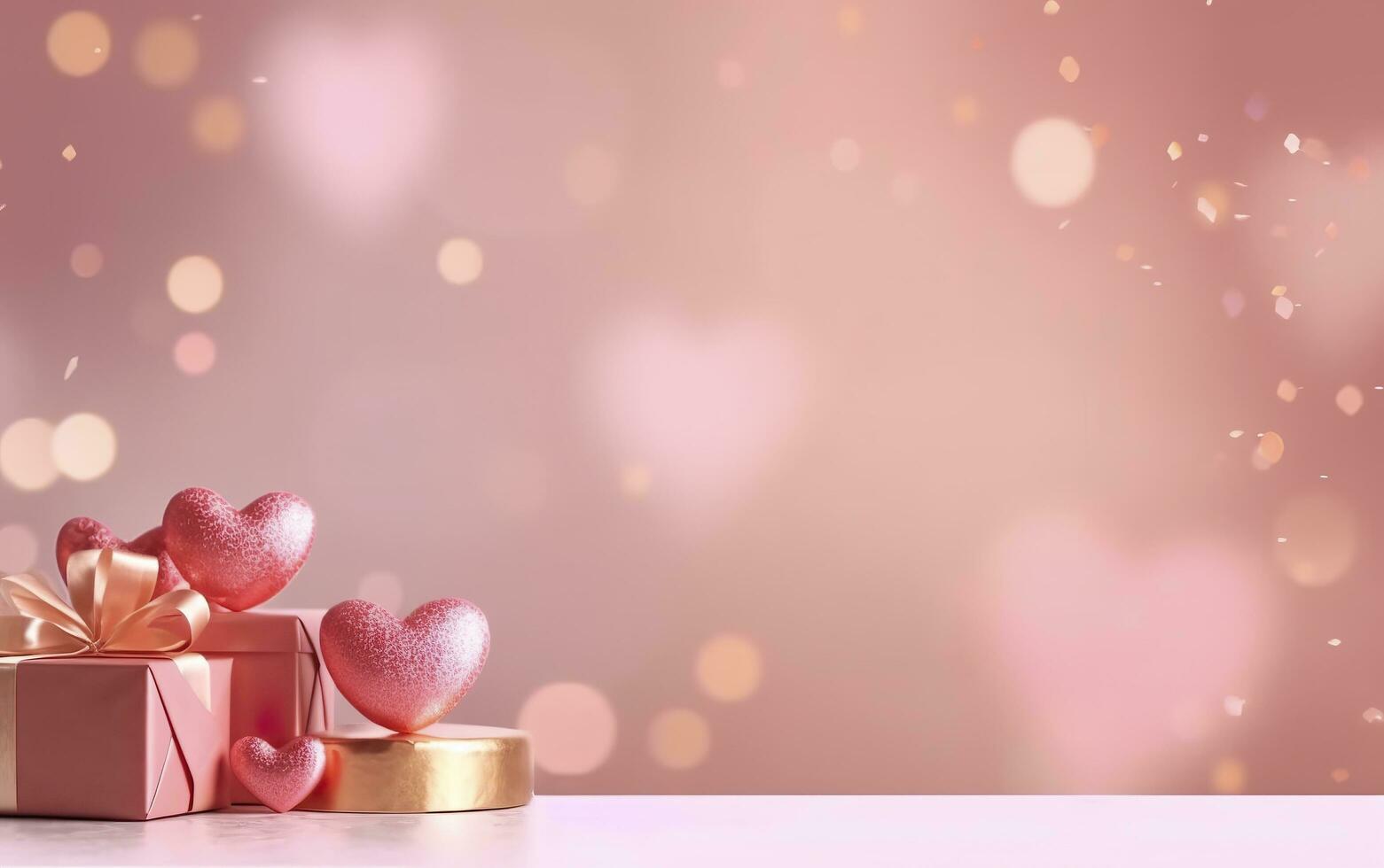 glücklich Valentinsgrüße Tag Banner. Rosa und Gold Herzen vereiteln Luftballons mit Geschenke auf Rosa Bokeh. Valentinstag Tag Hintergrund. romantisch Banner Hintergrund, leeren Raum zum Text, ai generativ foto