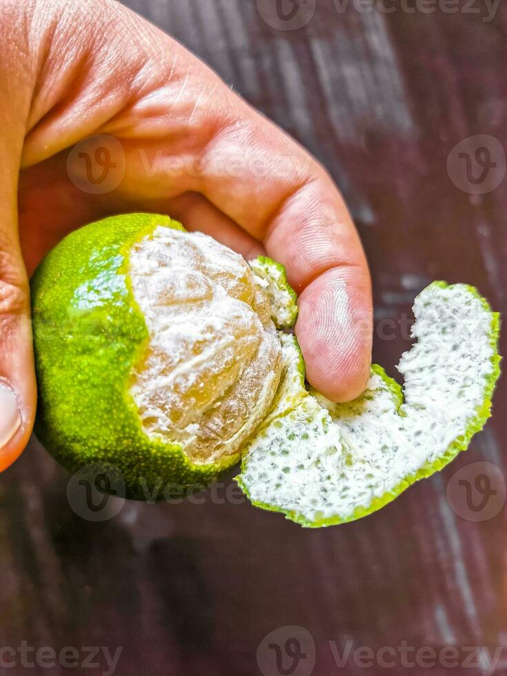 Hände schälen ein Grün Orange Zitrusfrüchte Obst im Mexiko. foto