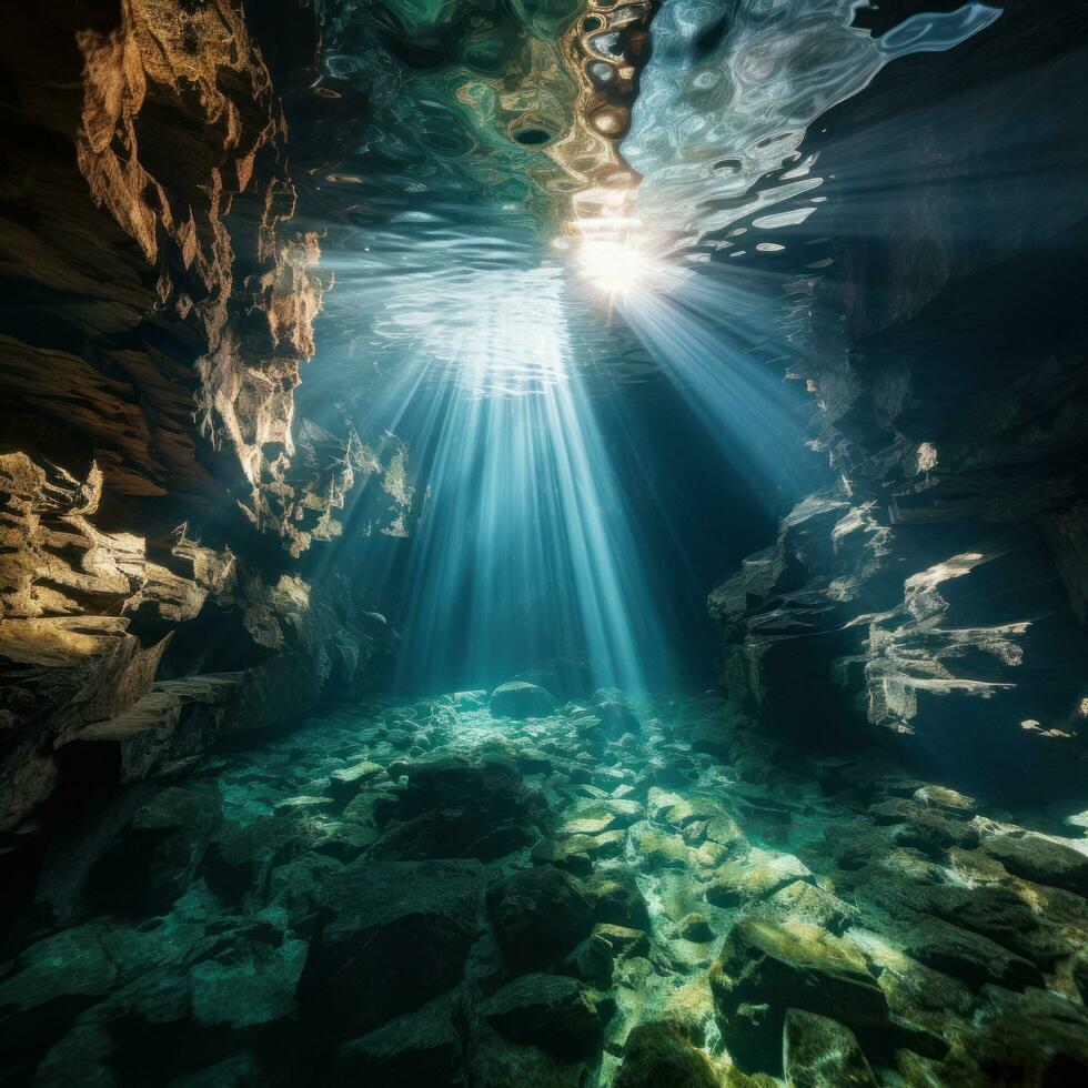 dramatisch unter Wasser Höhle mit Balken von Sonnenlicht leuchtenden foto