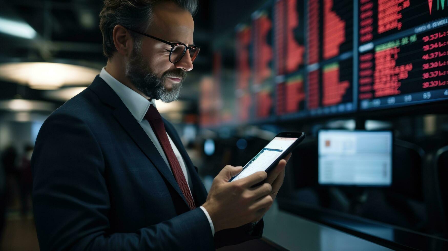 Geschäftsmann Überprüfung Lager Markt auf Telefon foto