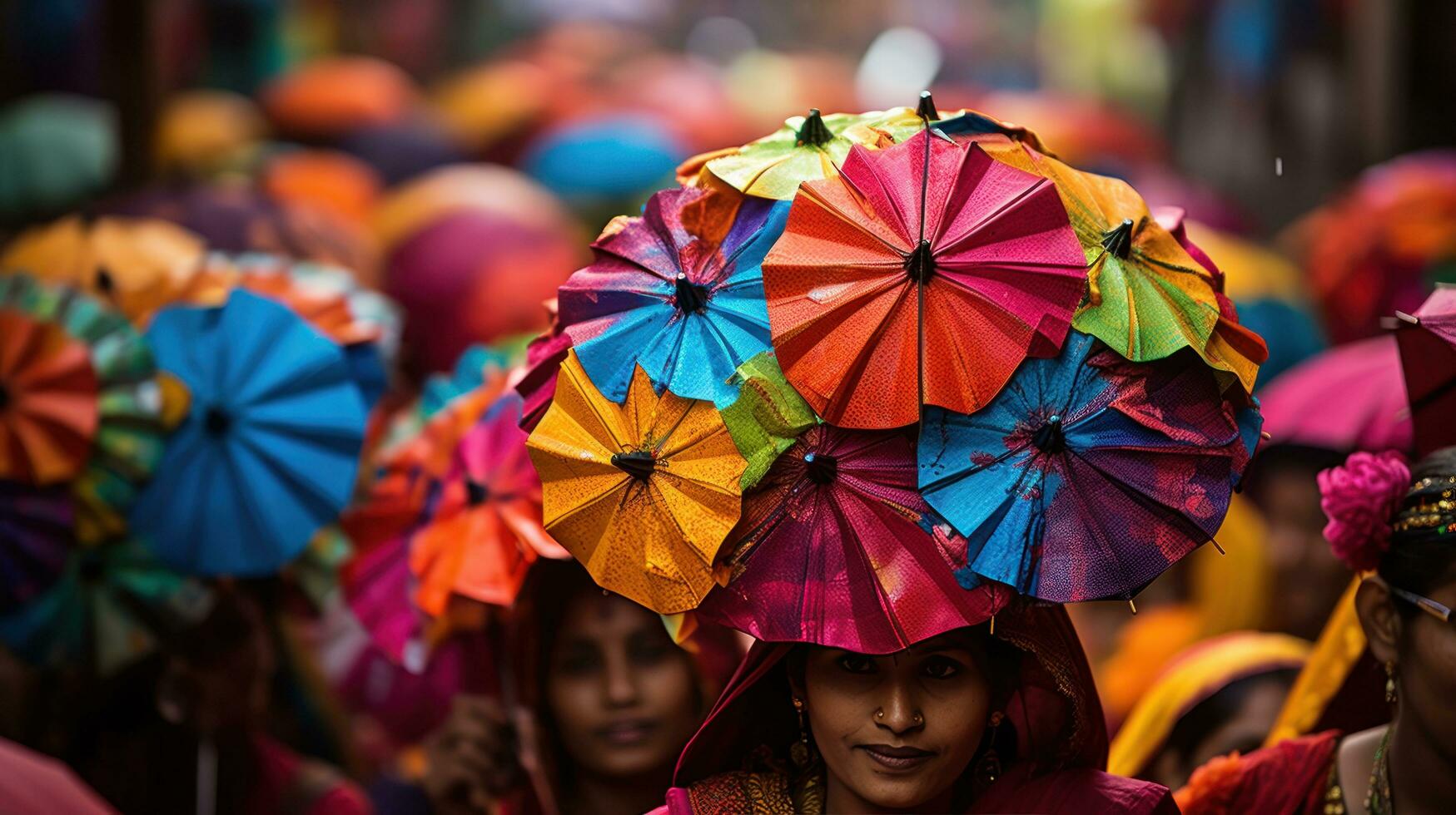 bunt Regenschirme und Kostüme füllen das Straßen beim Mumbai Karneval im Indien foto