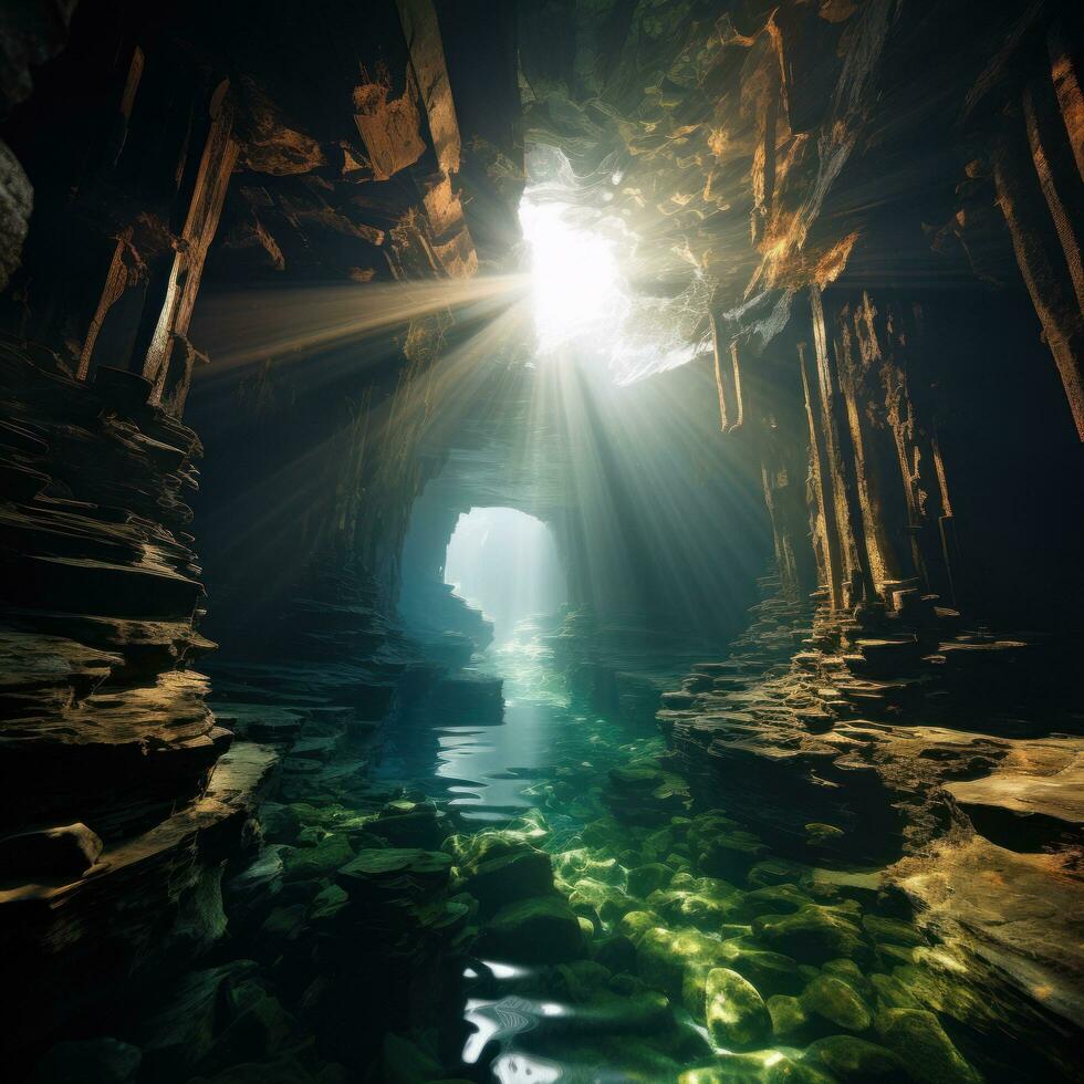 dramatisch unter Wasser Höhle mit Balken von Sonnenlicht leuchtenden foto