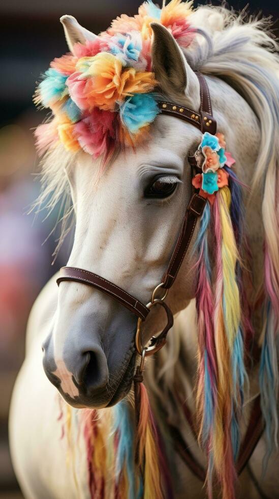 Nahansicht von ein Steckenpferd mit ein bunt Mähne und Zügel foto