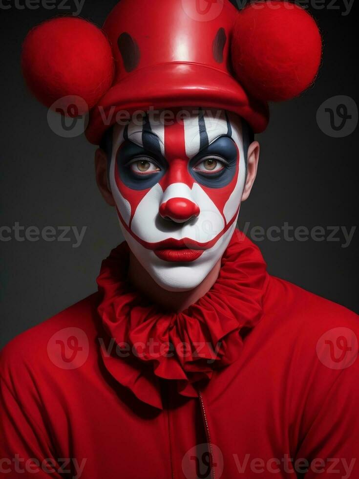 Mime Mann Rot, Gelb, Grün, Rosa, Blau und bunt Farbe Gesicht sportlich Ventilator Clown Zirkus Porträt Kunst, ai generiert foto