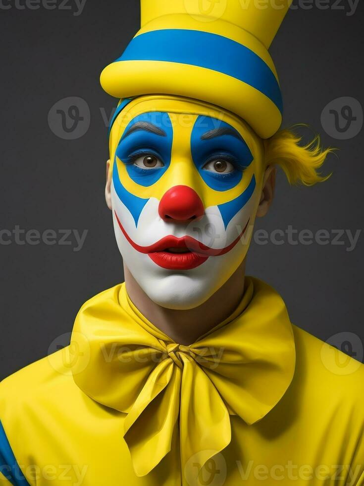 Mime Mann Rot, Gelb, Grün, Rosa, Blau und bunt Farbe Gesicht sportlich Ventilator Clown Zirkus Porträt Kunst, ai generiert foto