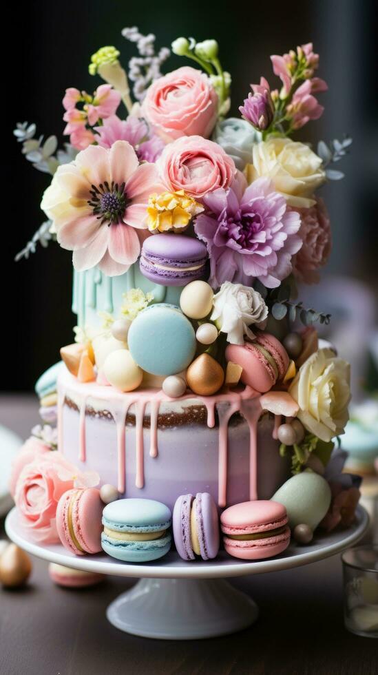 Pastell- Regenbogen Kuchen mit Macarons und Blumen foto