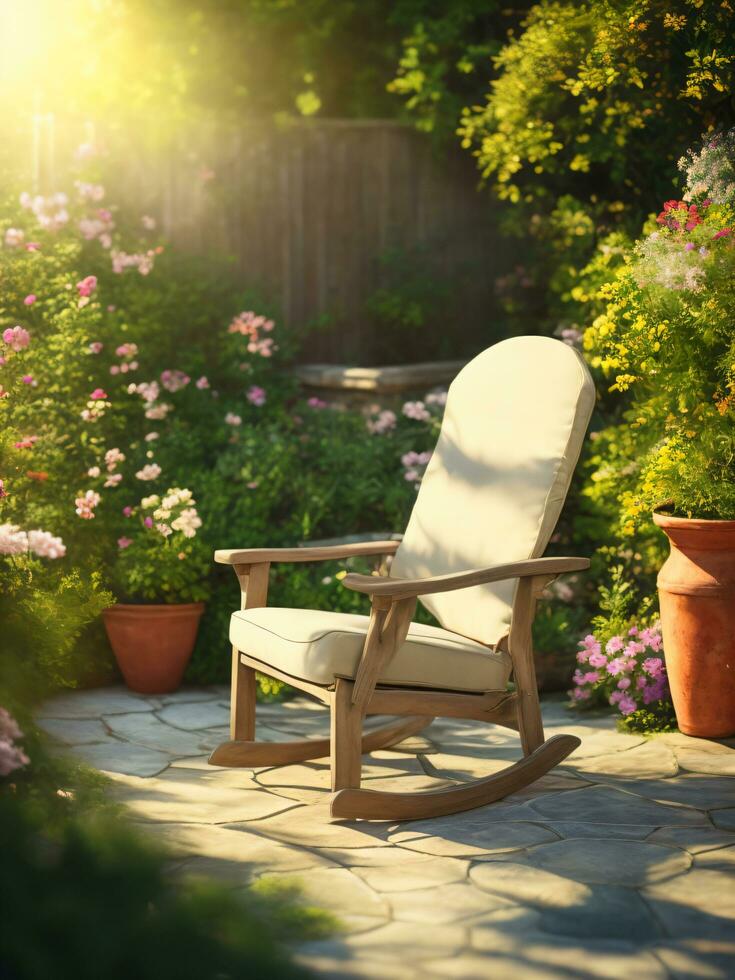 Terrasse Deck und Stuhl im Grün Garten ai generativ foto
