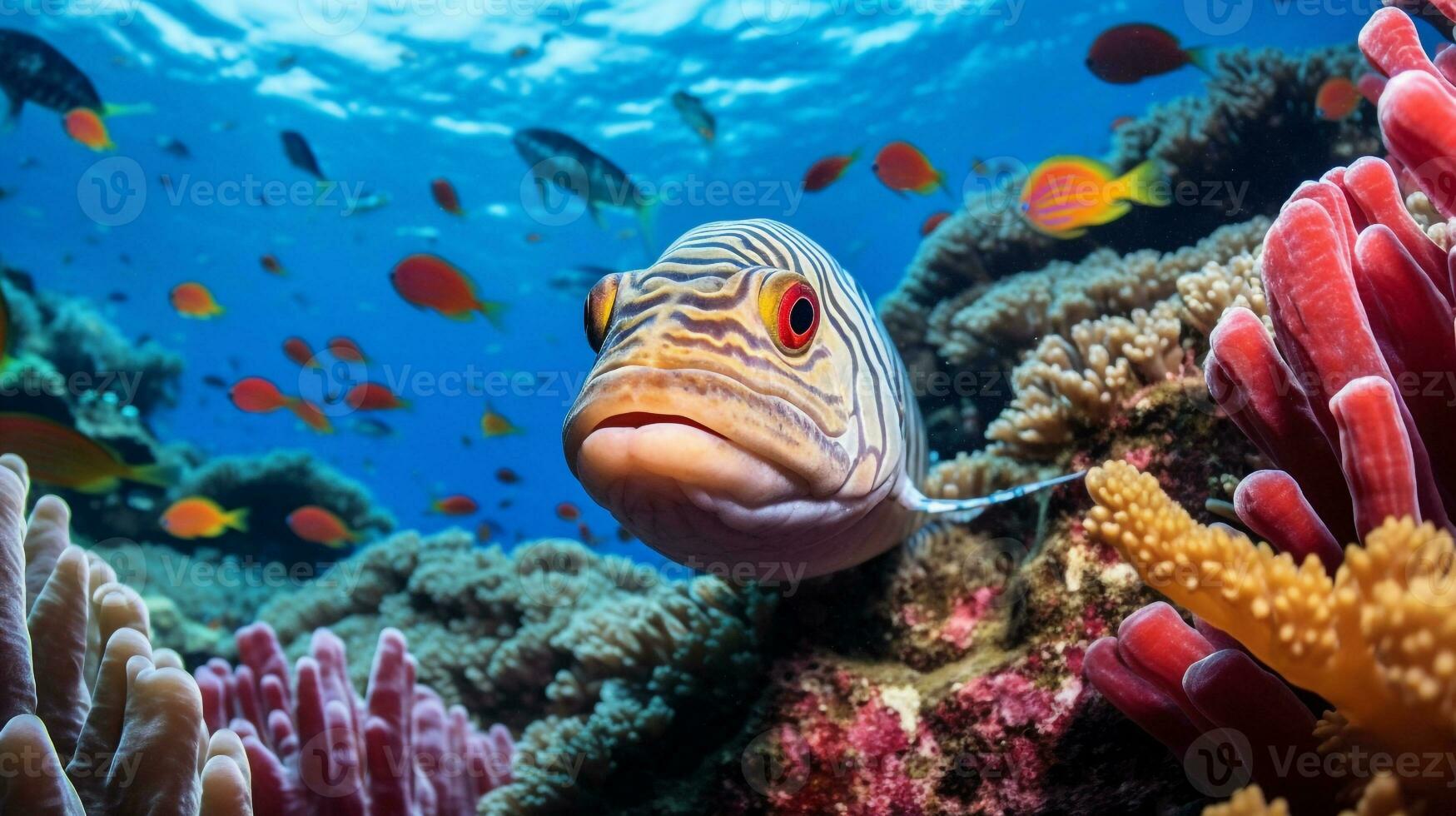 Foto von Aal mit verschiedene Fisch zwischen gesund Koralle Riffe im das Blau Ozean. generativ ai