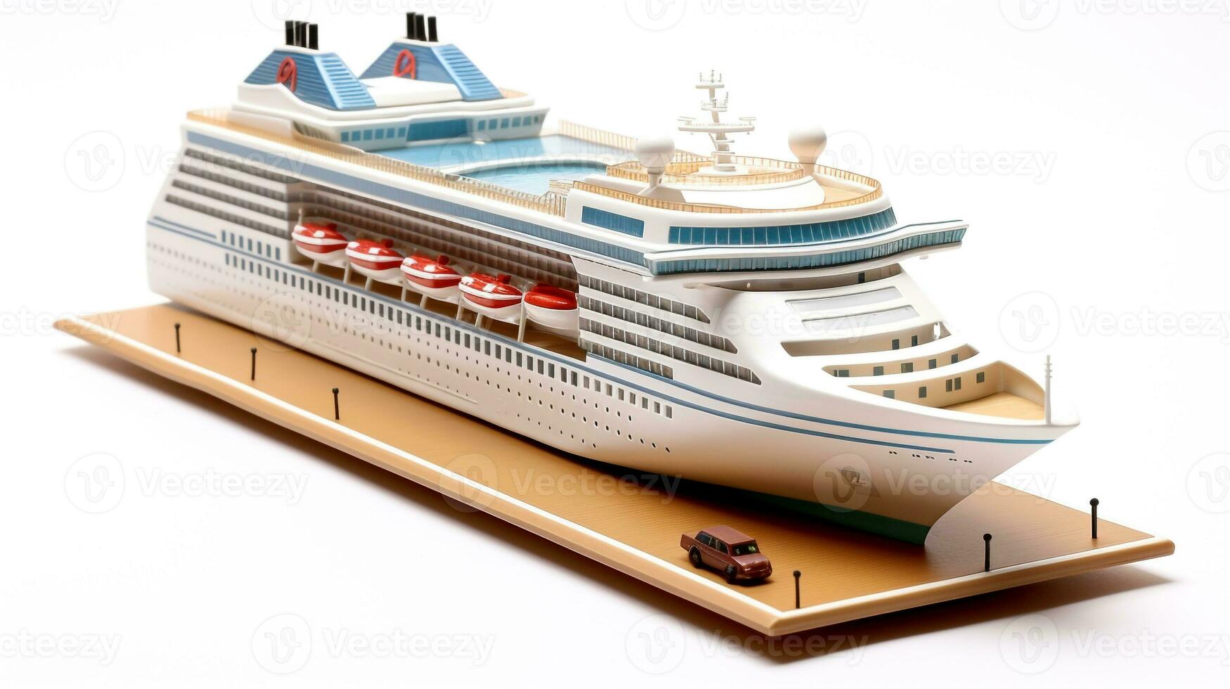 Anzeigen ein 3d Miniatur Kreuzfahrt Schiff. generativ ai foto