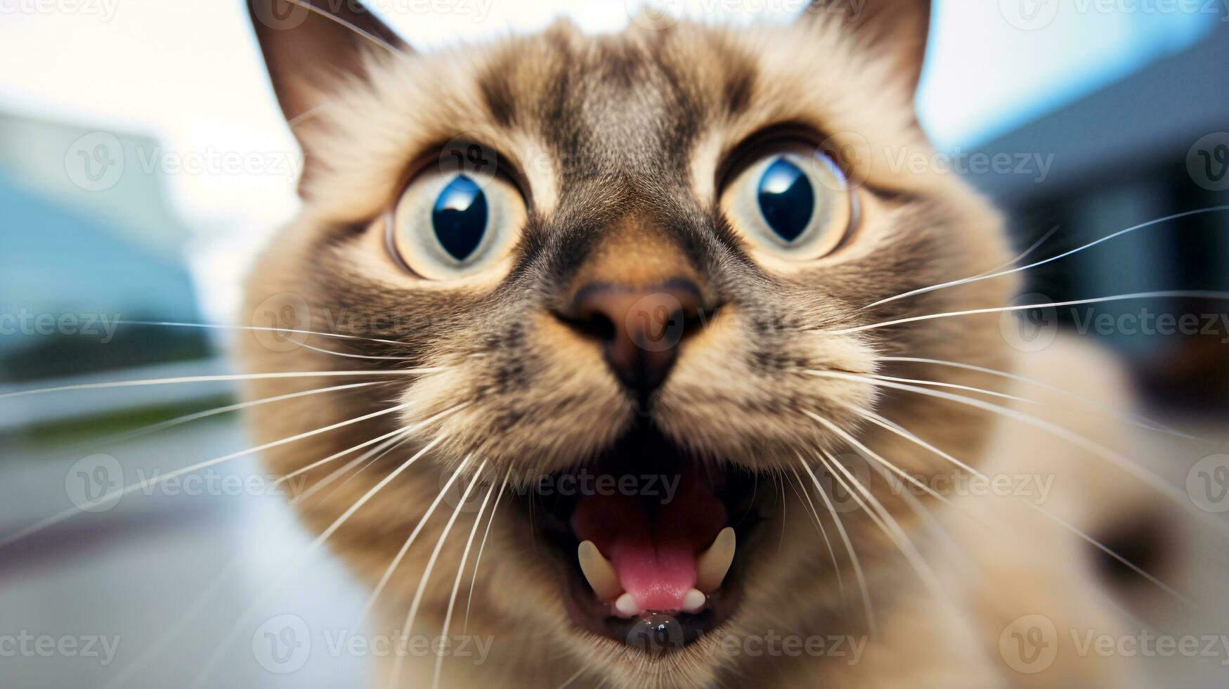 Nahansicht Foto von ein komisch schockiert Siamese kleben aus seine Zunge. generativ ai