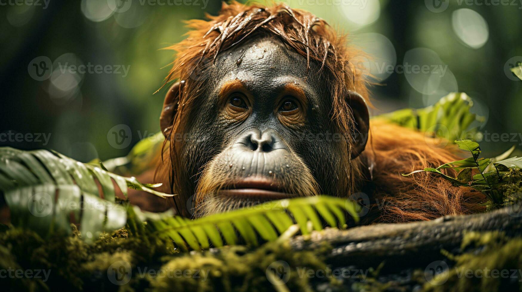 Nahansicht Foto von ein Orang-Utan suchen irgendein Richtung auf Dschungel. generativ ai