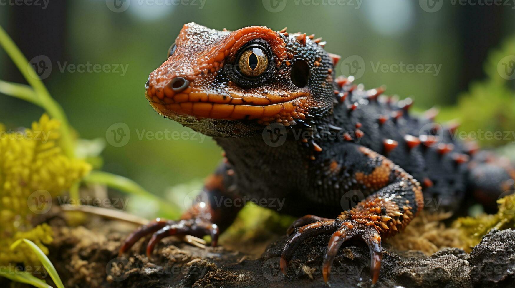 Nahansicht Foto von ein Salamander suchen im ihr Lebensraum. generativ ai