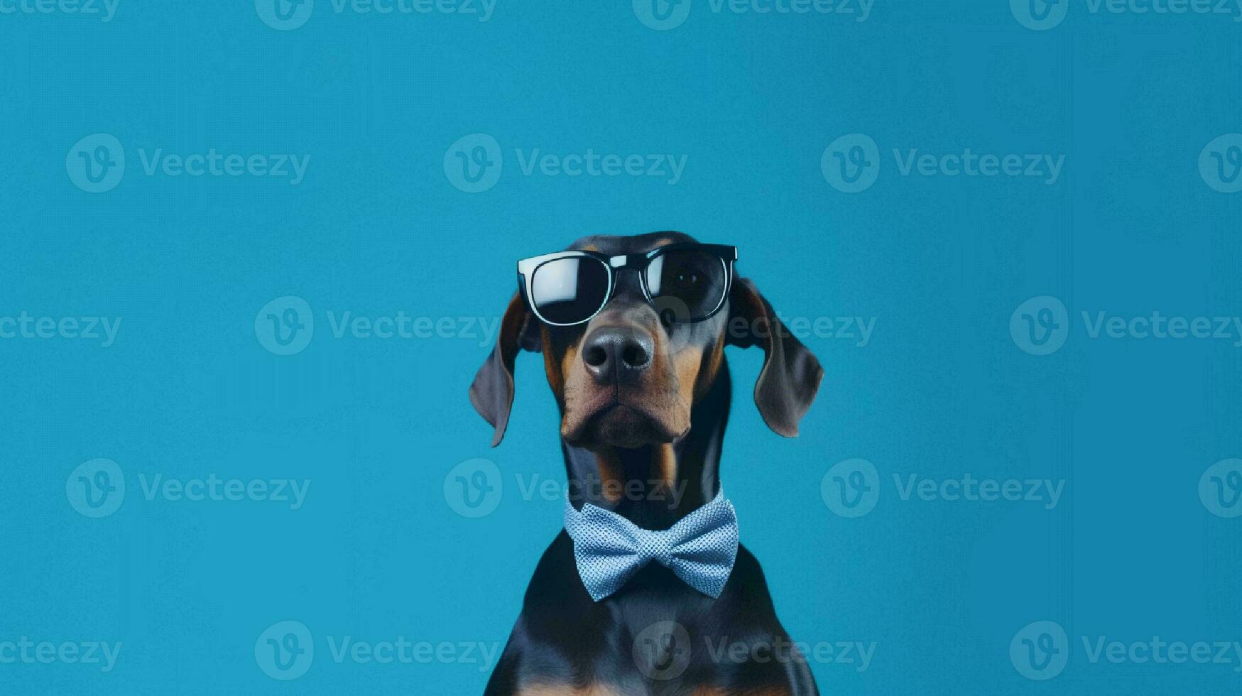 Foto von hochmütig Dobermann mit Sonnenbrille und Büro passen auf Weiß Hintergrund. generativ ai