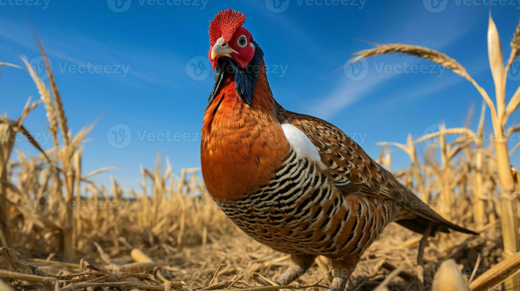 Foto von ein Fasan im das Ackerland. generativ ai