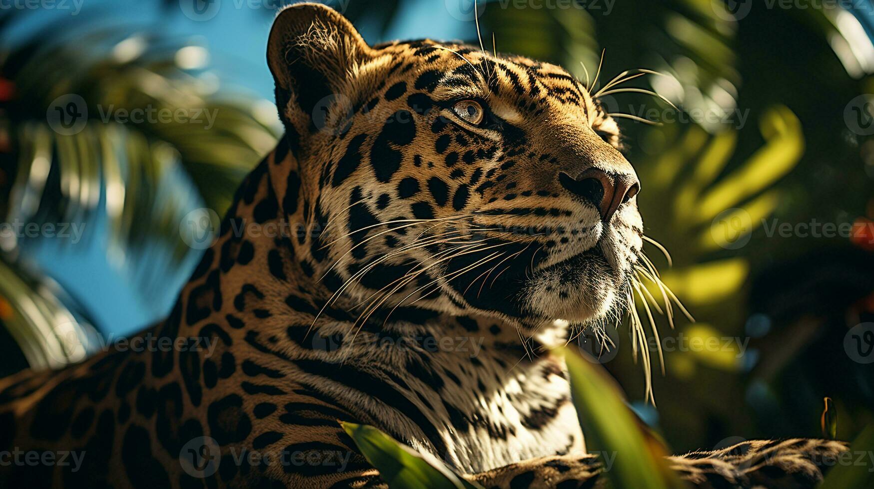 Nahansicht Foto von ein Leopard suchen irgendein Richtung auf Dschungel. generativ ai