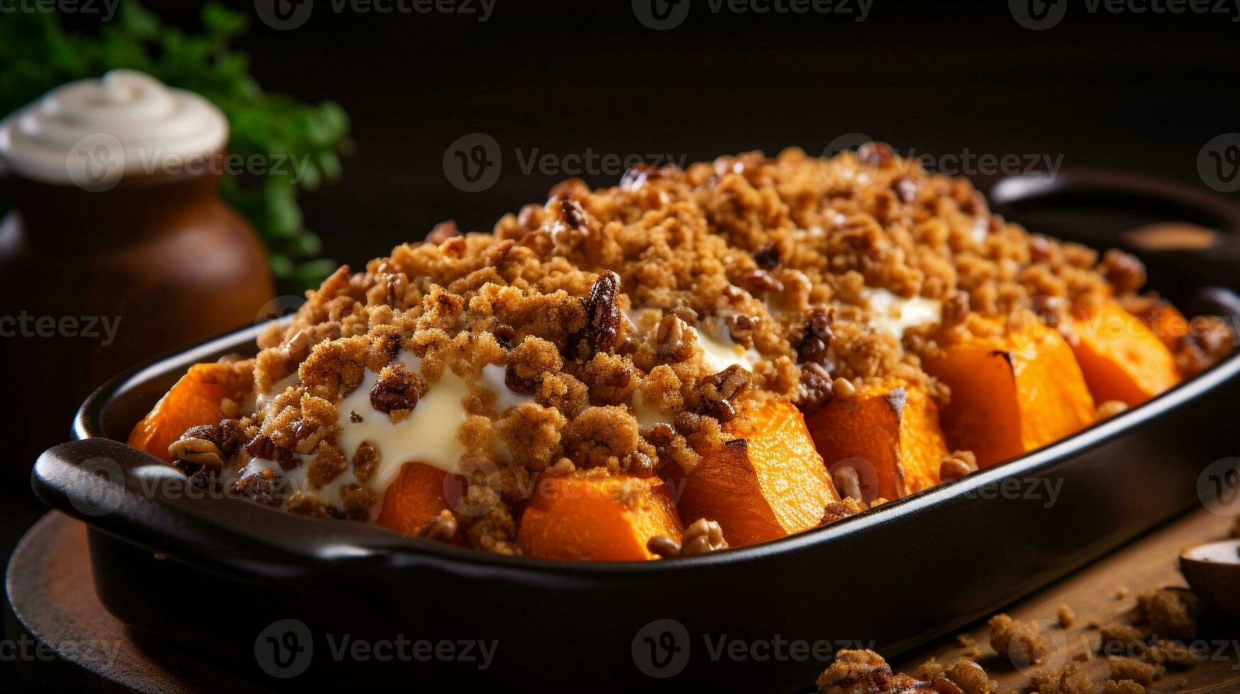 Foto von Süss Kartoffel Kasserolle wie ein Gericht im ein hochwertig Restaurant. generativ ai