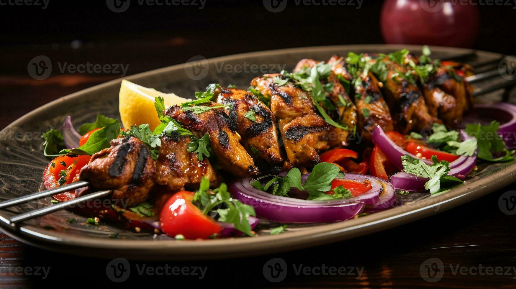 Foto von Schaschlik tawook wie ein Gericht im ein hochwertig Restaurant. generativ ai