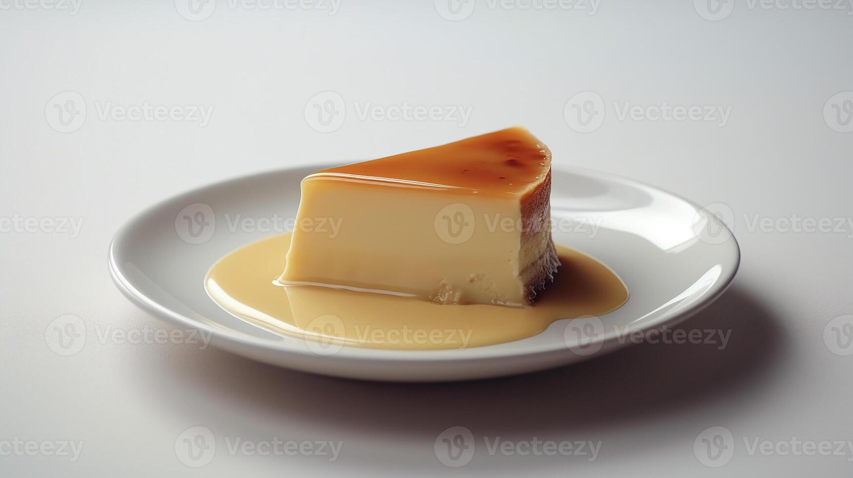 Foto von Scheibe von Pudding auf Weiß Platte. generativ ai