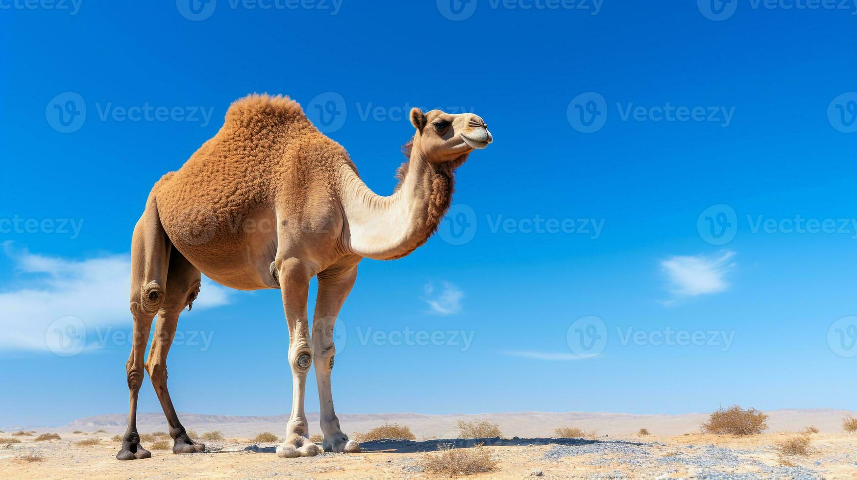 Foto von ein Kamel im ein Wüste mit Blau Himmel. generativ ai