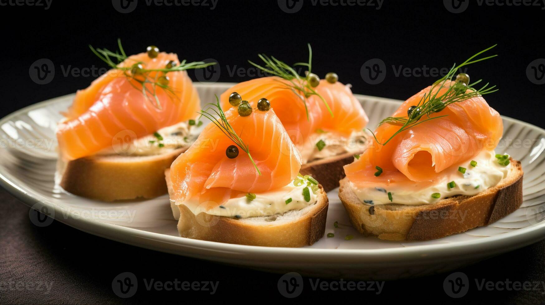 Foto von geräuchert Lachs Häppchen wie ein Gericht im ein hochwertig Restaurant. generativ ai