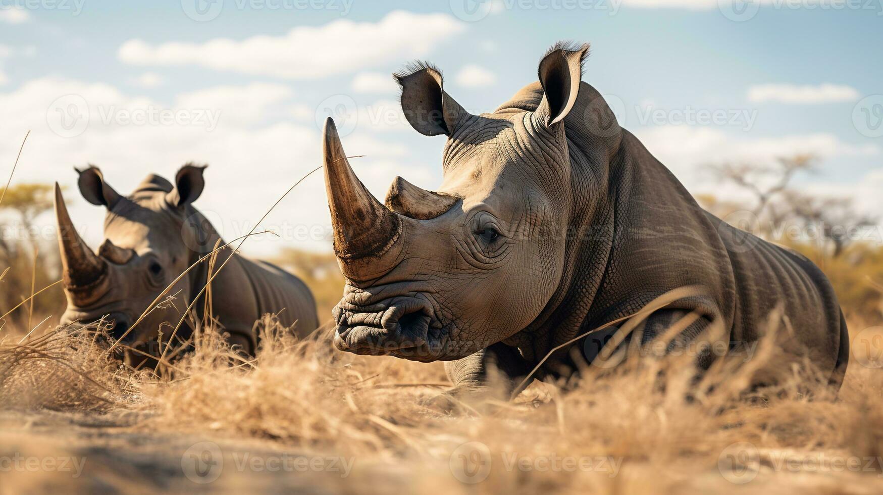 Foto von ein Herde von Nashorn ruhen im ein öffnen Bereich auf das Savanne. generativ ai