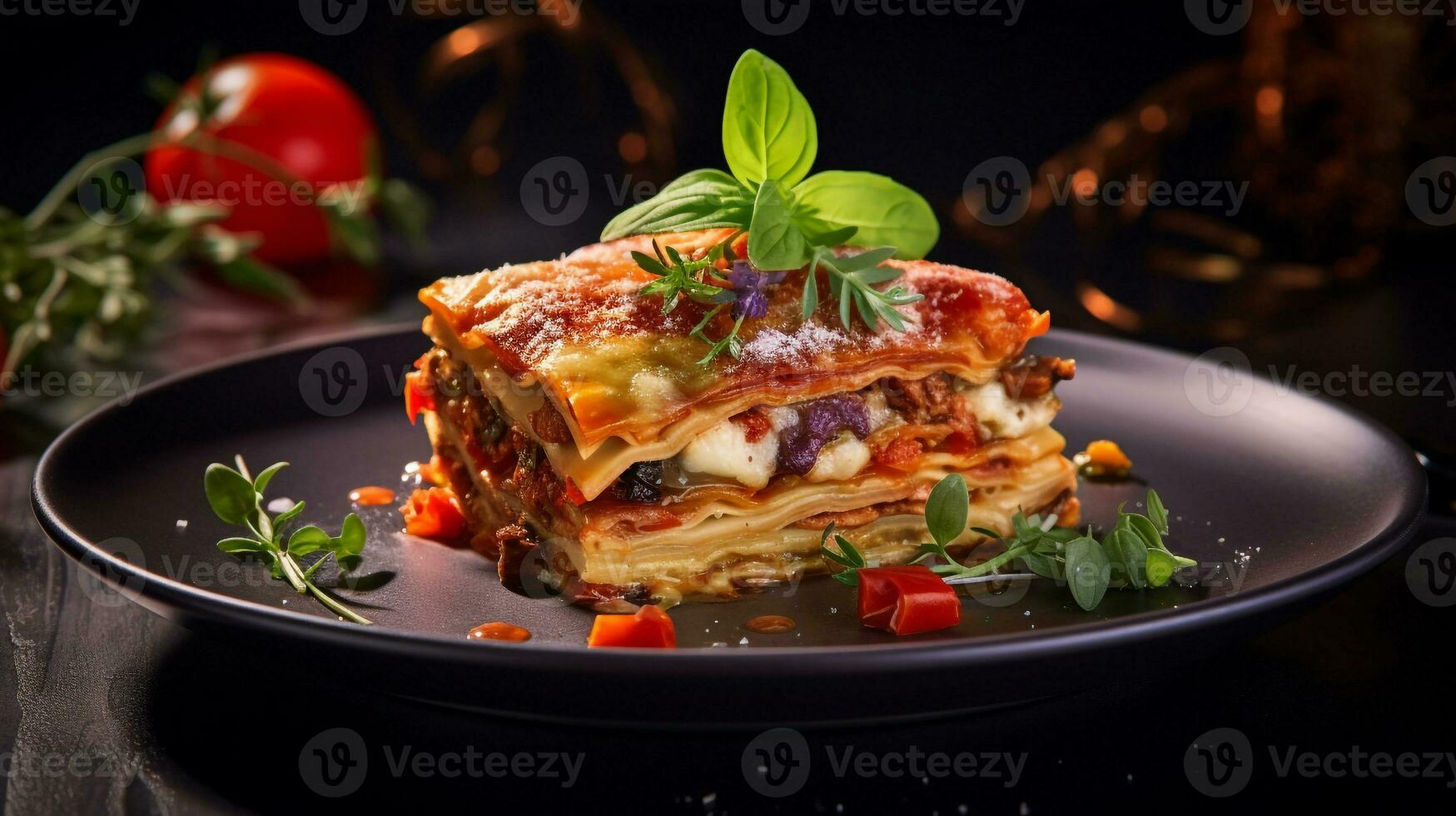 Foto von geröstet Gemüse Lasagne wie ein Gericht im ein hochwertig Restaurant. generativ ai