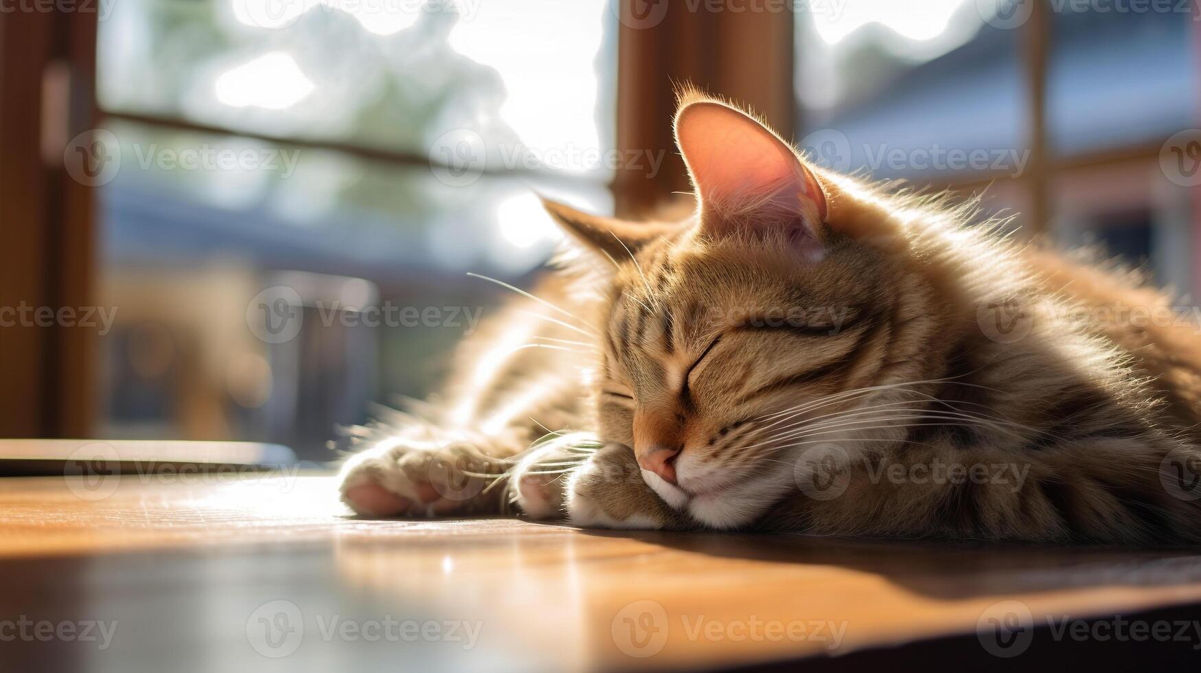 Foto von Katze Schlafen auf das Tabelle im Vorderseite von das Fenster. generativ ai