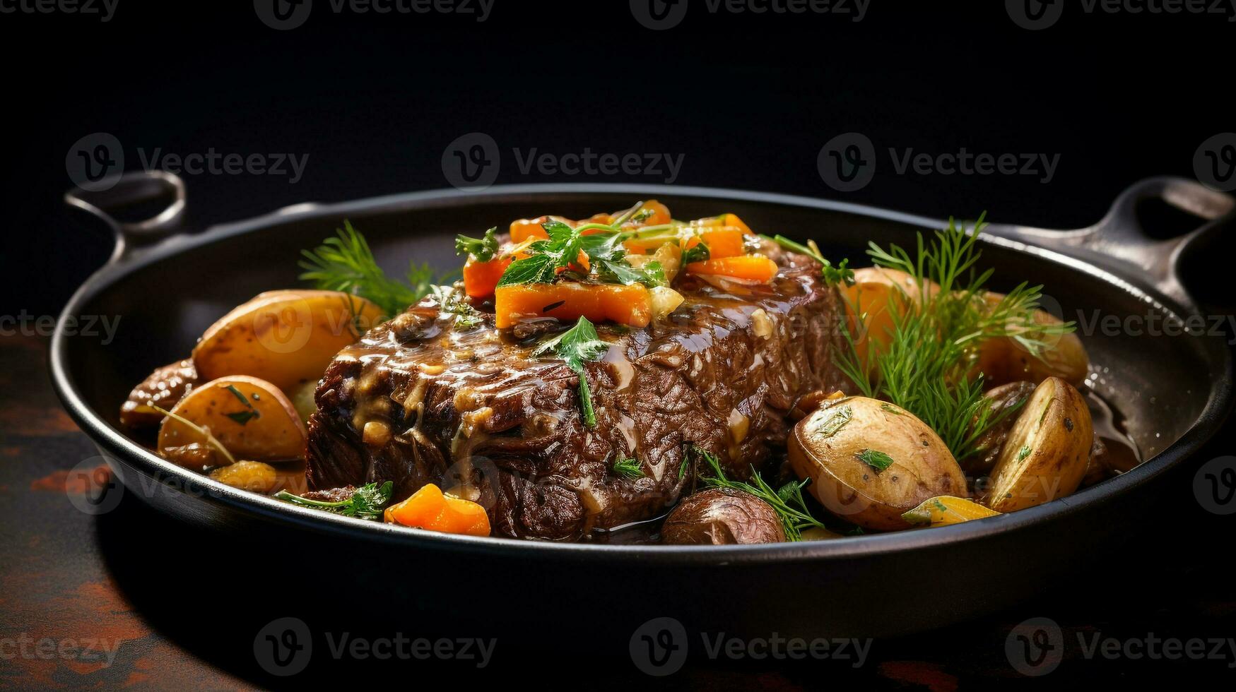 Foto von Rindfleisch Topf braten wie ein Gericht im ein hochwertig Restaurant. generativ ai