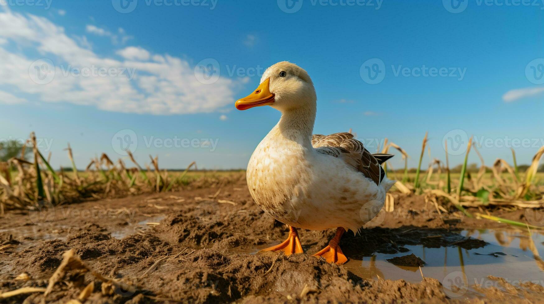 Foto von ein Ente im das Ackerland. generativ ai