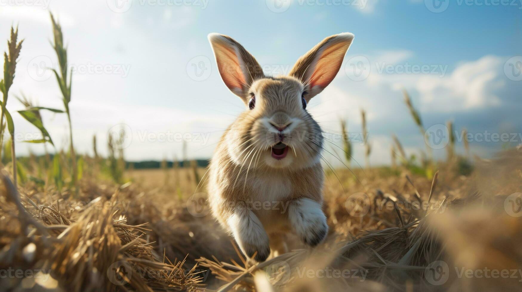 Foto von ein Hase im das Ackerland. generativ ai